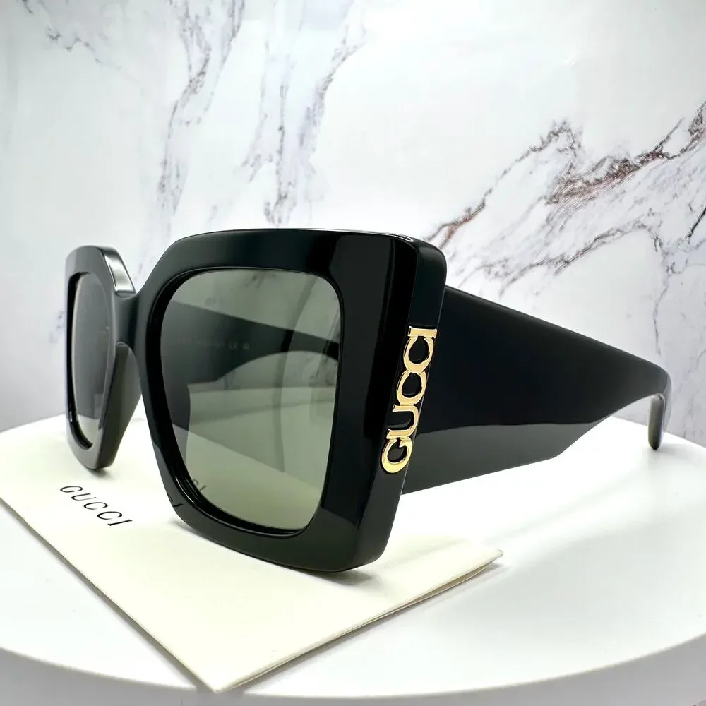 New GUCCI Sunglasses Black Gold Logo Square Oversized 51mm Grey Lens Womens